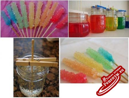 Цветные сахарные кристаллы своими руками.У вас есть уникальная возможность не только вместе с детьми приготовить вкусное и красивое лакомство, но и заинтересовать малыша такими науками как химия и физика. Подготовьте: - банки с широким горлышком- пищевые красителиПоказать полностью..- деревянные шпажки- прищепки- воду- сахар (из расчета 10 стаканов сахара на 4 стакана воды)