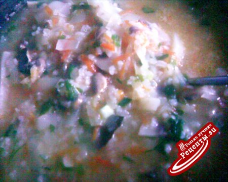 Густой постный суп с рисом, капустой и шампиньонами