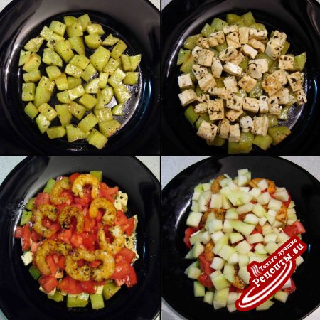 Салат с брынзой, креветками и овощами, 10 "А"