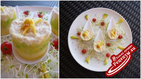 Порционный салат-закуска из курицы, авокадо и картошки:
